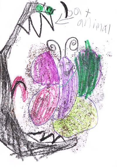 A childish drawing of a happy butterfly, smiling and eyes closed in serenity, shaded in pink, purple, green and yellow, with glitter applied with a craft glue stick. But the butterfly is about to be swallowed whole by a giant black, fang-toothed, green-eyed moster. You can only see the head of this monther coming in from the left. Above the butterfly is a hand-lettered label "bat animal" with an arrow pointing to the monsther.
